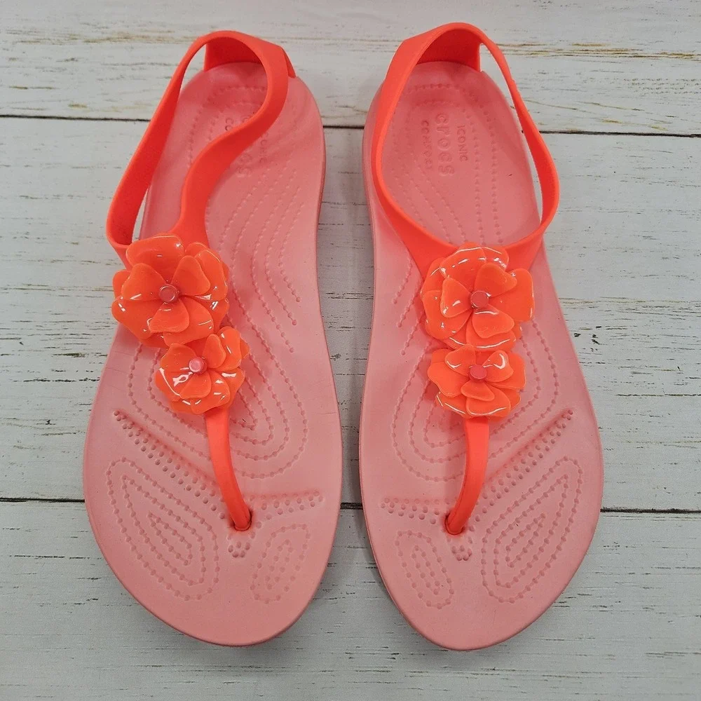 Crocs Serena Embellished Flower Sandals  Womens 9‎ Coral Orange Thong Flip Flop